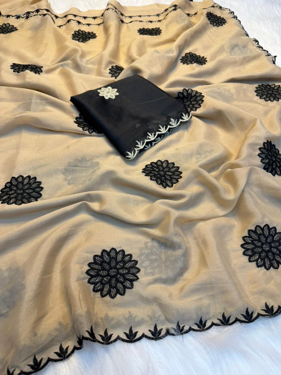 Heritage Party Wear Pure Soft Rangoli Silk Embroidery Thread Work Designer Saree With Blissful Blouse