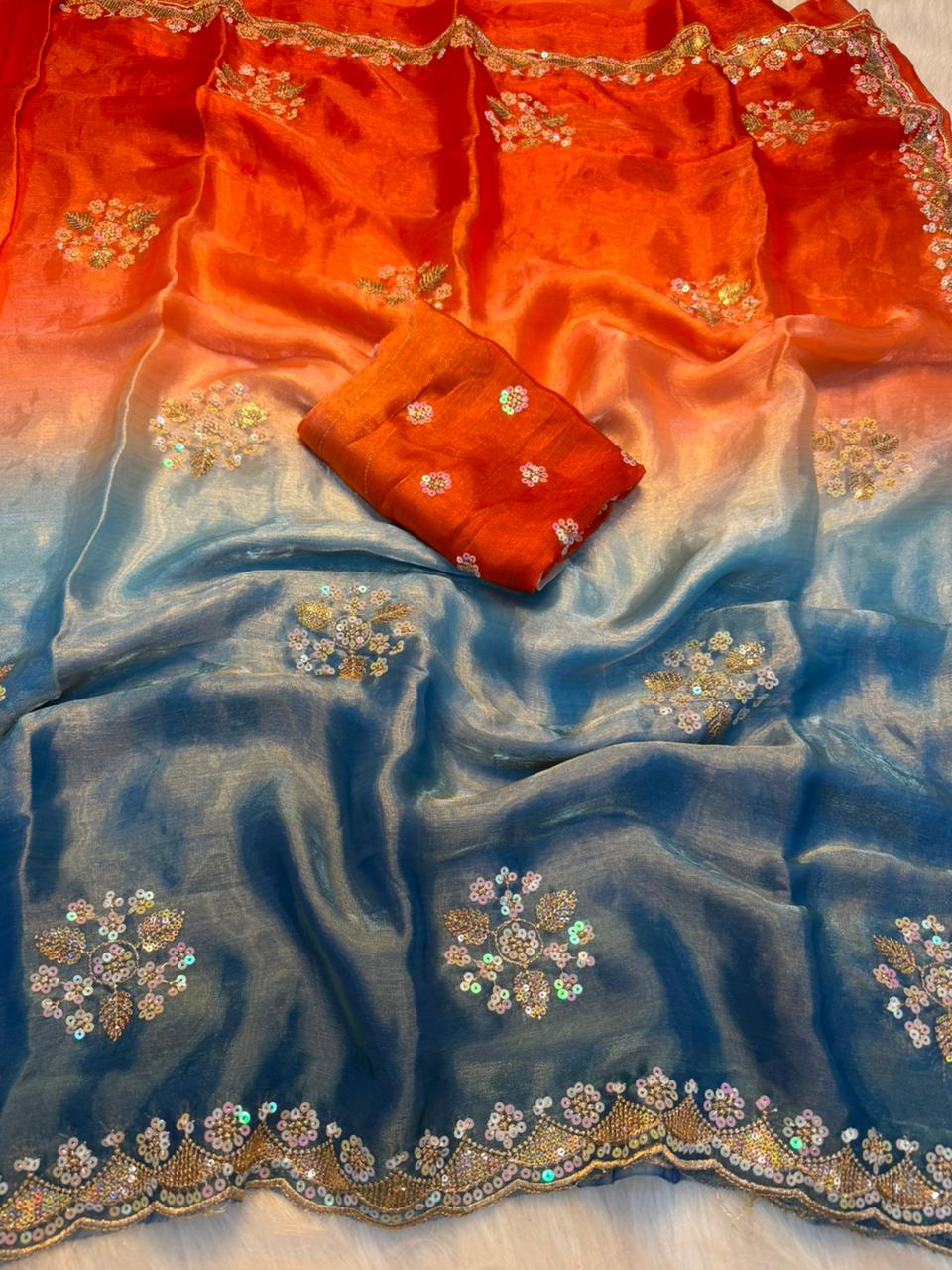 Opulent Function Wear Chiffon Silk Sequence Butti Work Fancy Saree With Blouse Piece