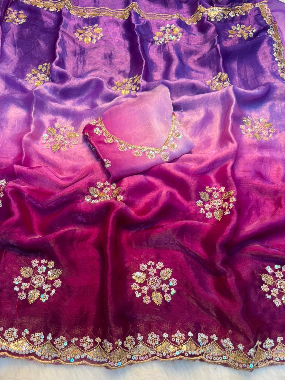 Opulent Function Wear Chiffon Silk Sequence Butti Work Fancy Saree With Blouse Piece