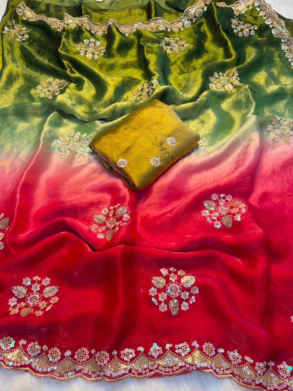 Opulent Function Wear Chiffon Silk Sequence Butti Work Fancy Saree With Blouse Piece