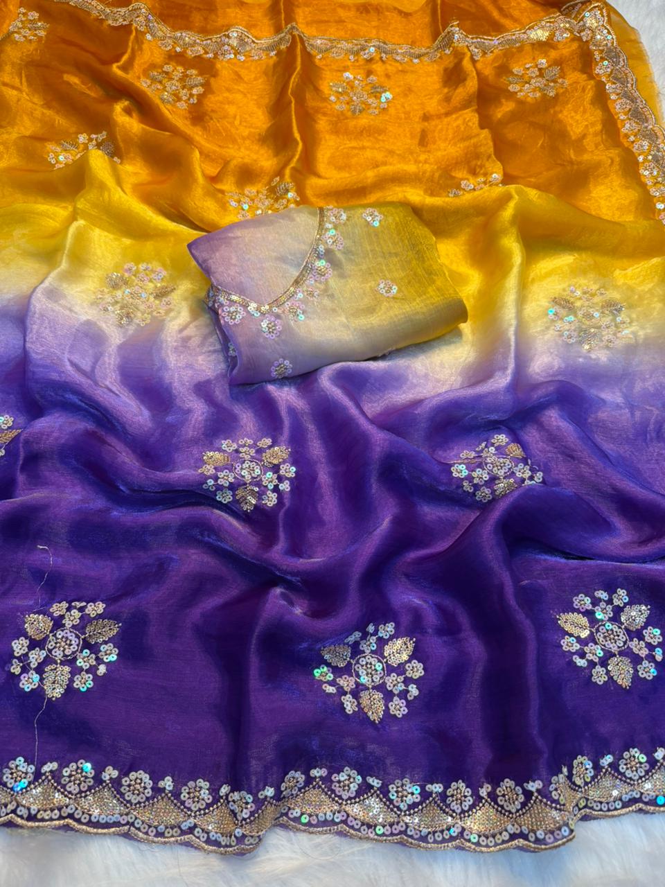 Opulent Function Wear Chiffon Silk Sequence Butti Work Fancy Saree With Blouse Piece