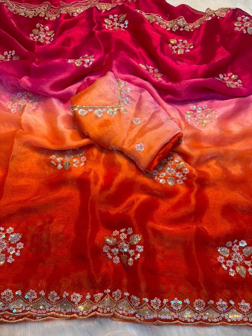 Opulent Function Wear Chiffon Silk Sequence Butti Work Fancy Saree With Blouse Piece