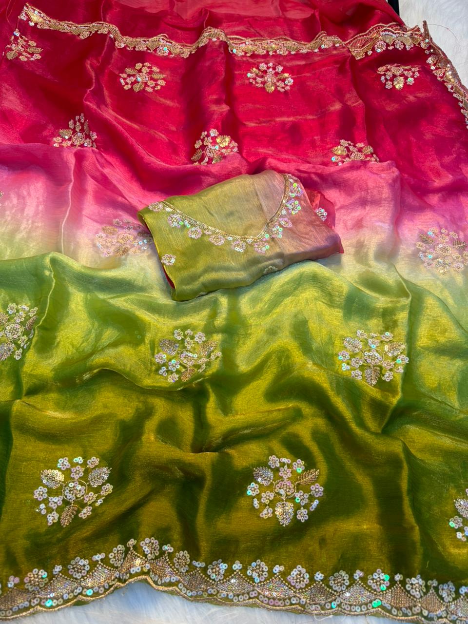 Opulent Function Wear Chiffon Silk Sequence Butti Work Fancy Saree With Blouse Piece
