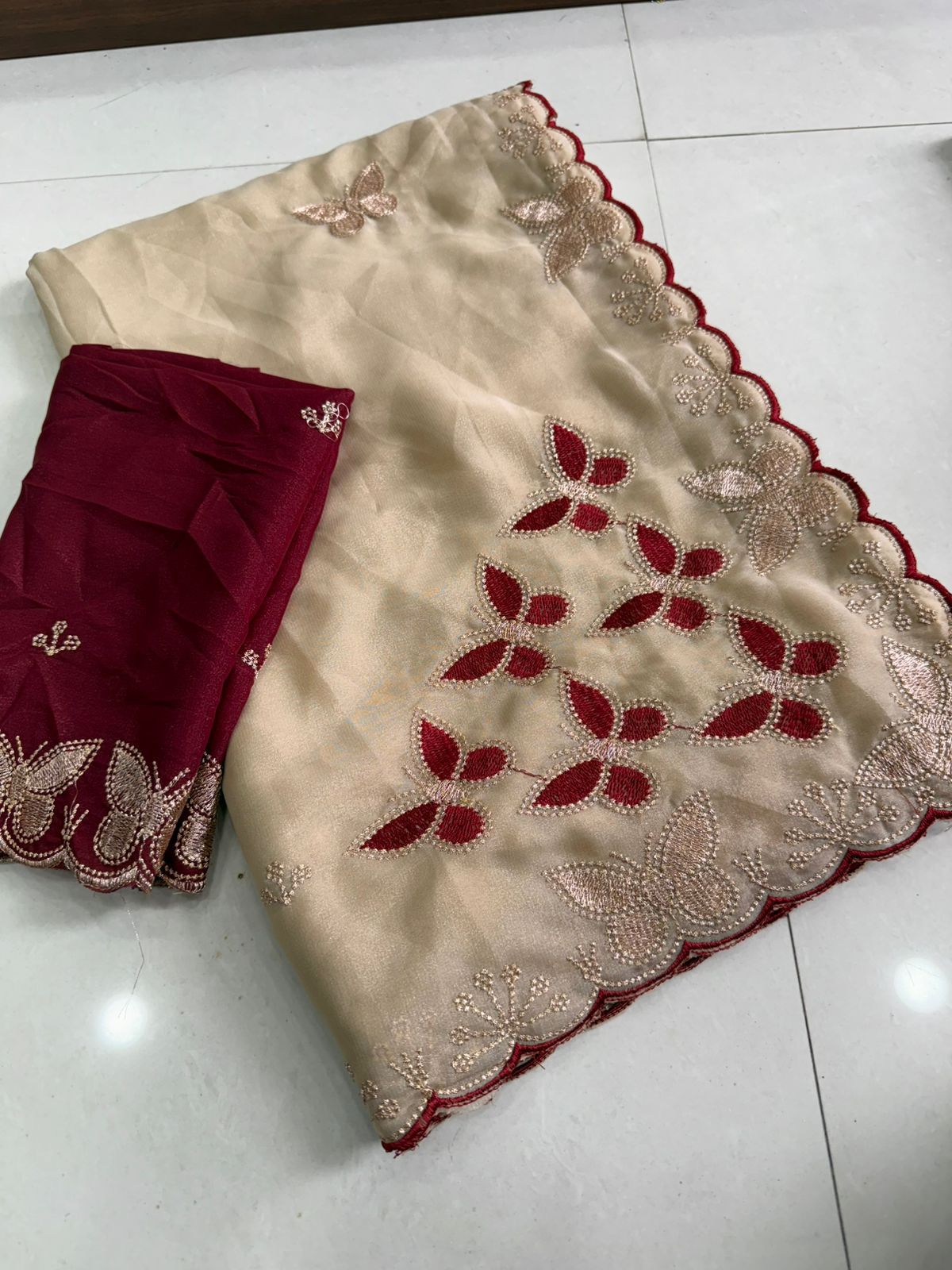 Elegant Function Wear Georgette Multi Embroidery Work Designer Saree With Contrast Blouse Piece