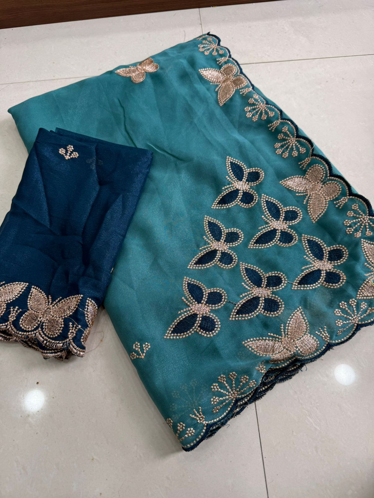 Elegant Function Wear Georgette Multi Embroidery Work Designer Saree With Contrast Blouse Piece