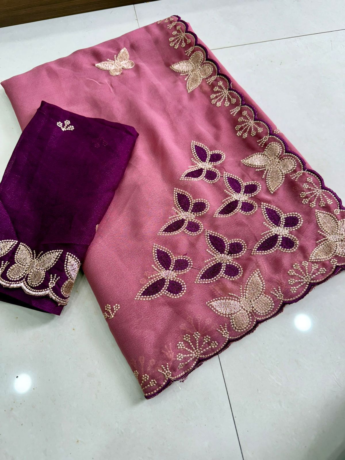 Elegant Function Wear Georgette Multi Embroidery Work Designer Saree With Contrast Blouse Piece