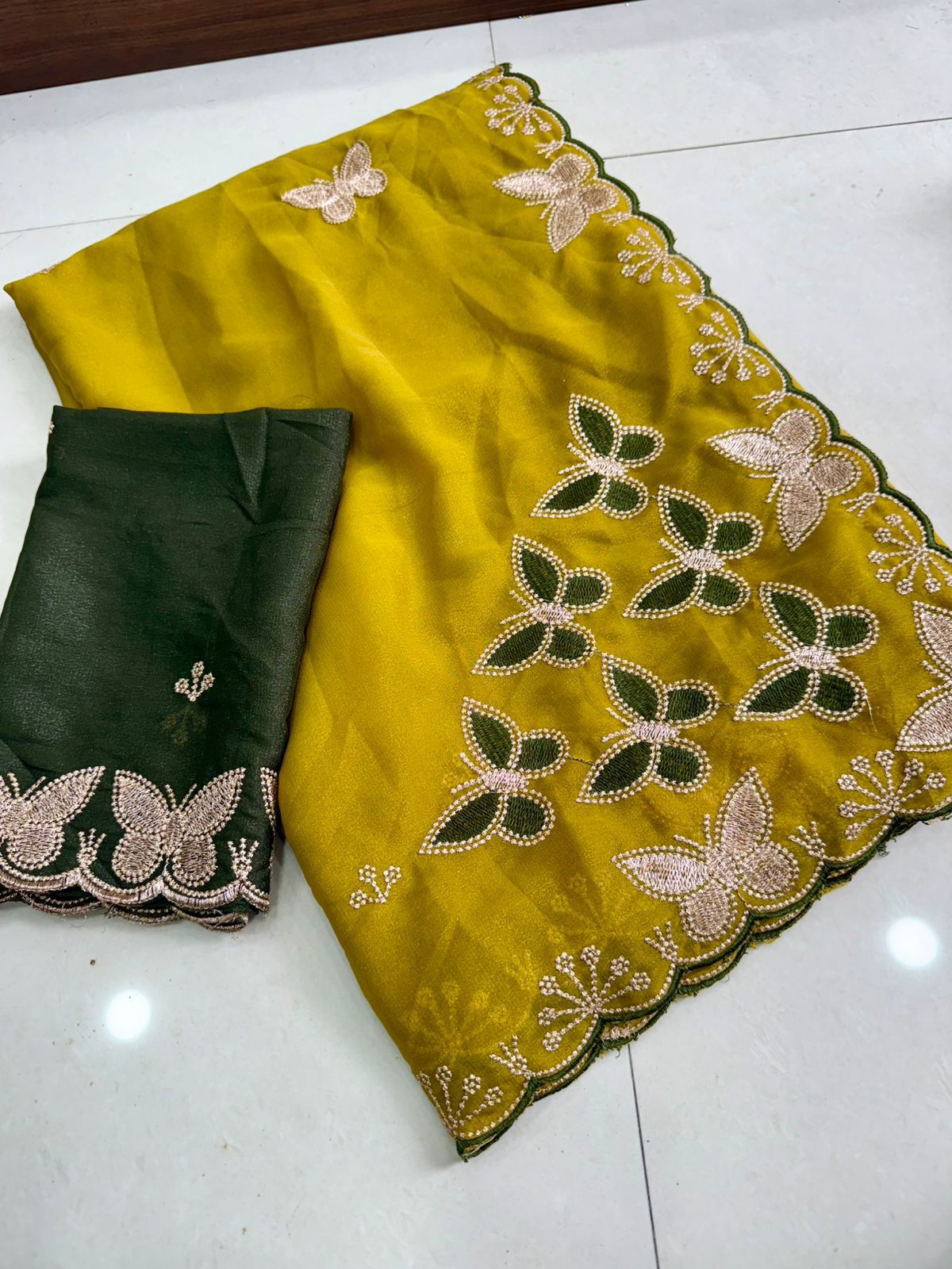 Elegant Function Wear Georgette Multi Embroidery Work Designer Saree With Contrast Blouse Piece
