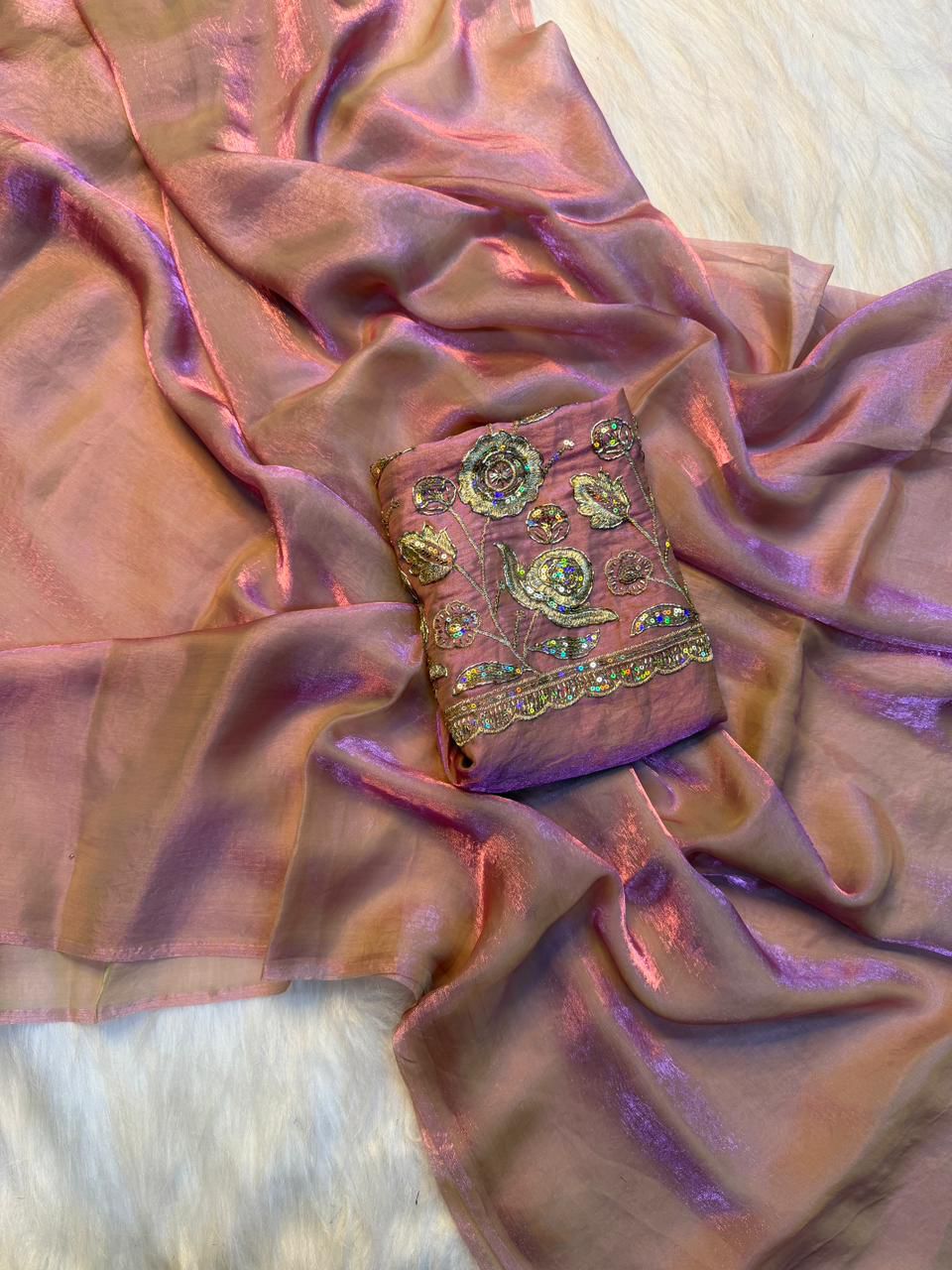 Attractive Wedding Wear Silk Designer Saree With Beads Heavy Work Blouse Piece