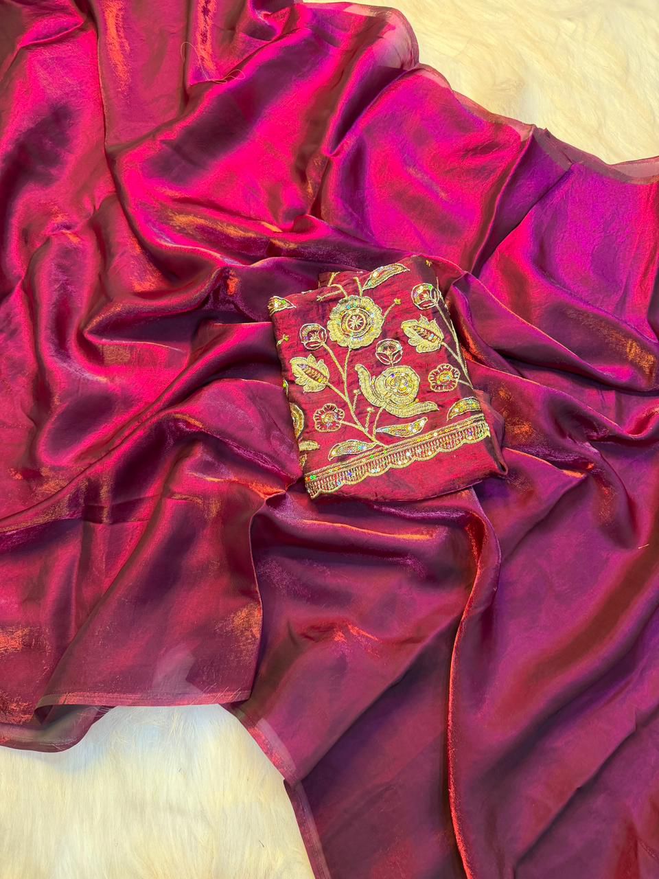 Attractive Wedding Wear Silk Designer Saree With Beads Heavy Work Blouse Piece