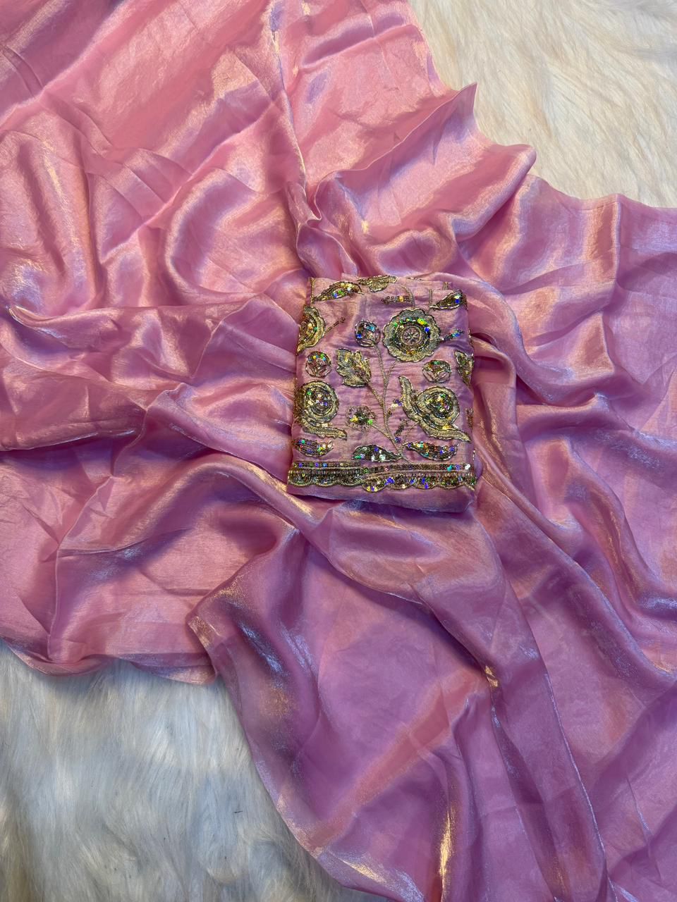 Attractive Wedding Wear Silk Designer Saree With Beads Heavy Work Blouse Piece
