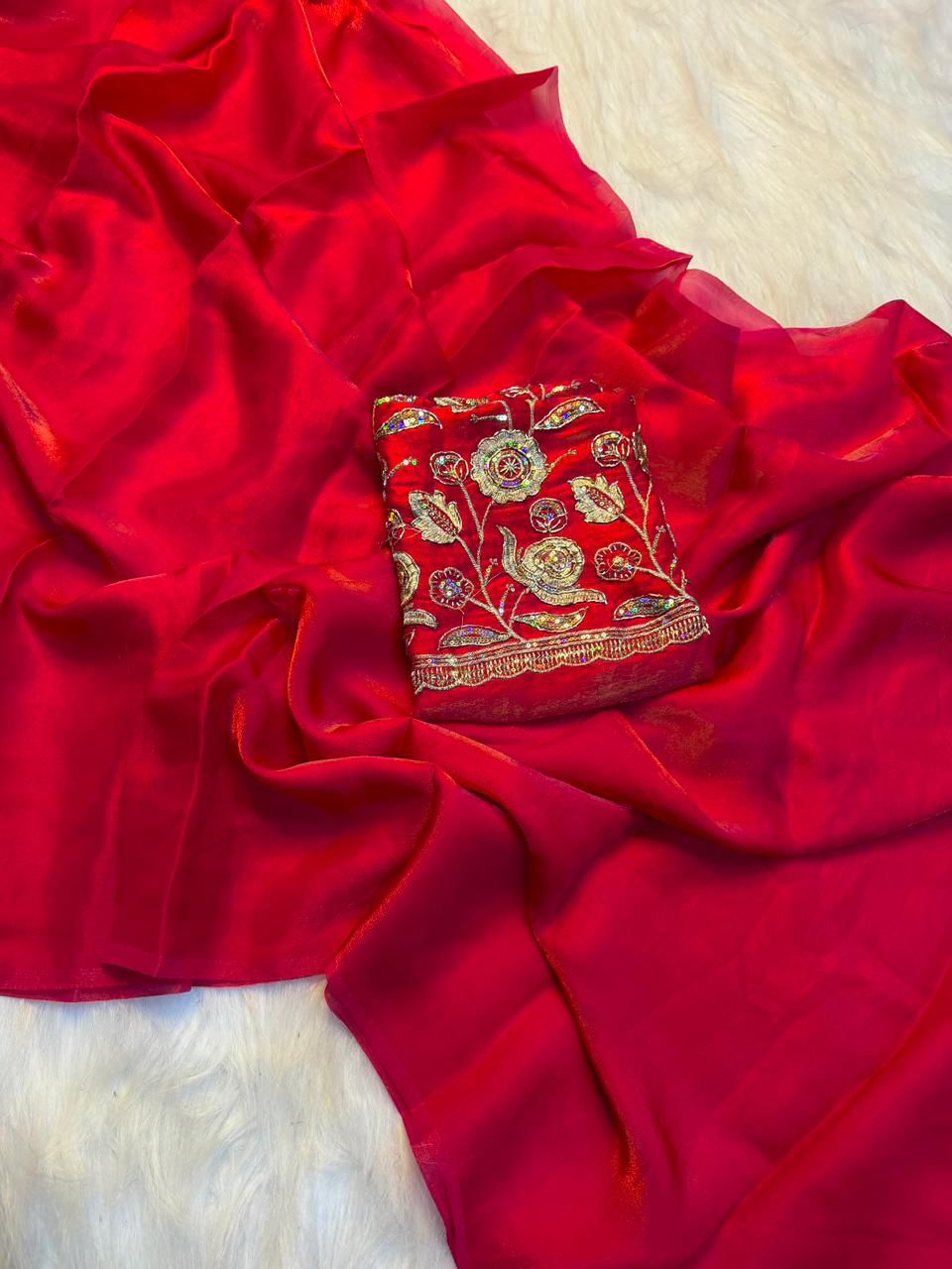 Attractive Wedding Wear Silk Designer Saree With Beads Heavy Work Blouse Piece