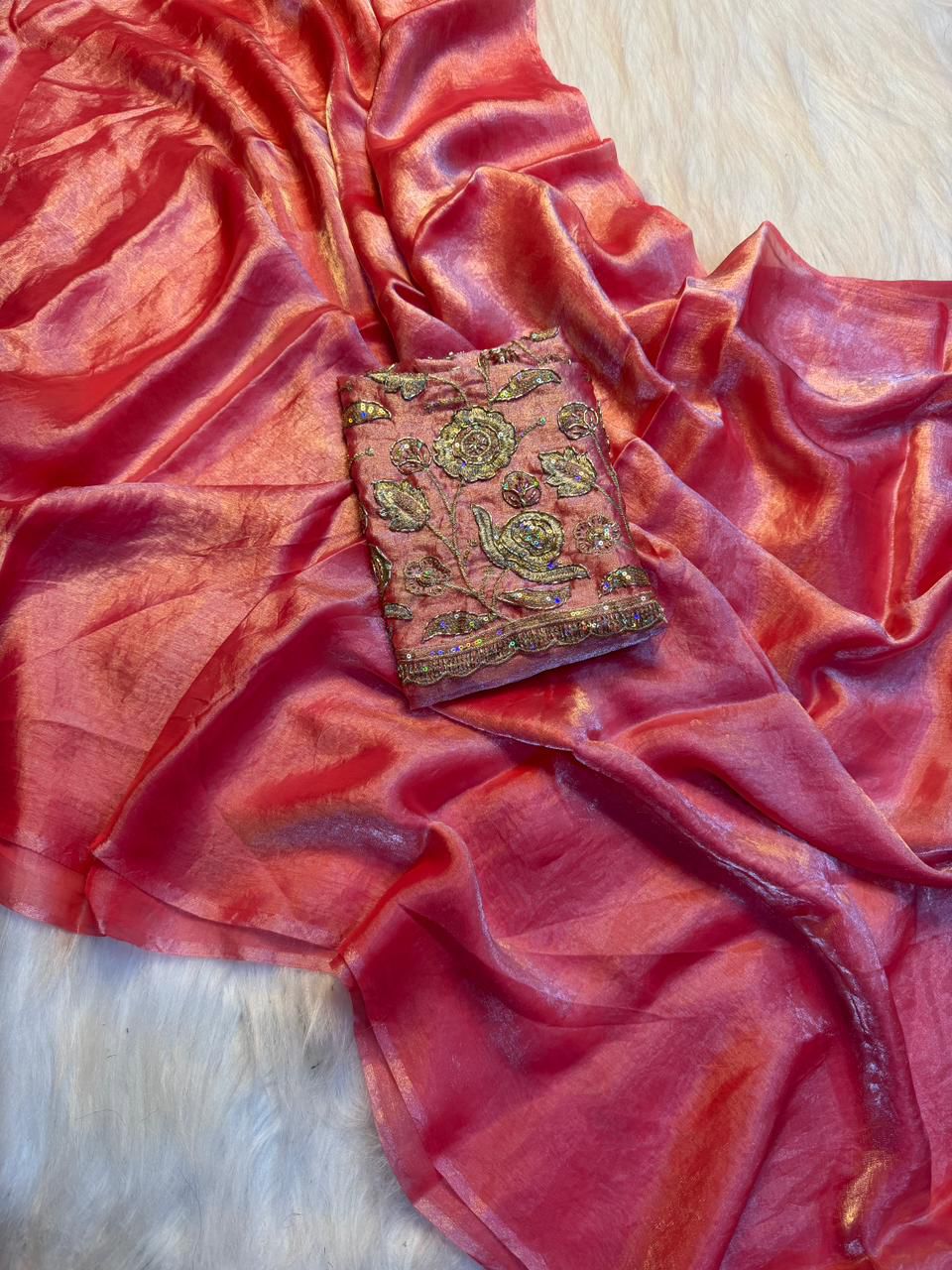 Attractive Wedding Wear Silk Designer Saree With Beads Heavy Work Blouse Piece