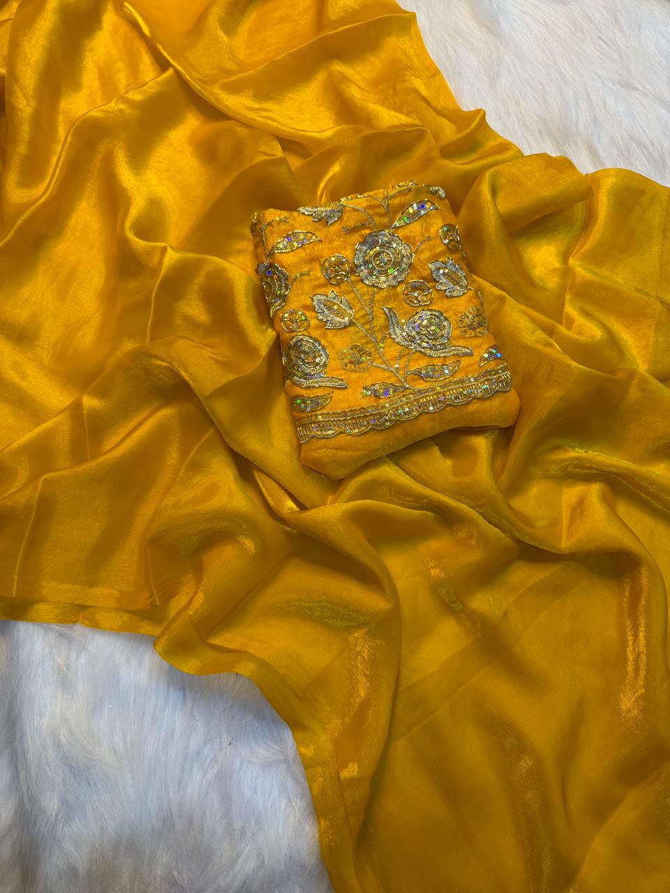 Attractive Wedding Wear Silk Designer Saree With Beads Heavy Work Blouse Piece
