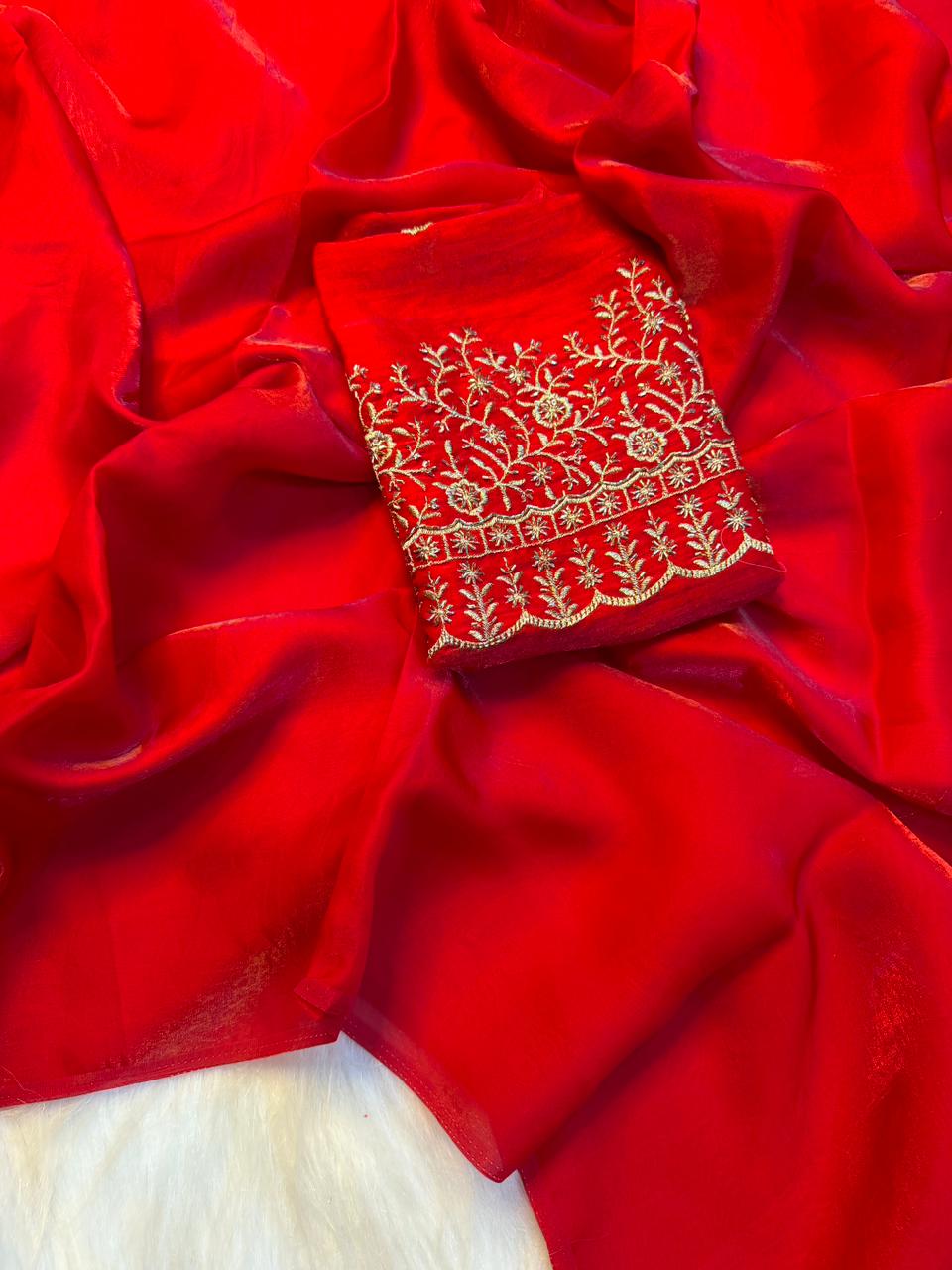 Adorning Party Wear Silk Designer Saree With Beads Heavy Work Blouse Piece