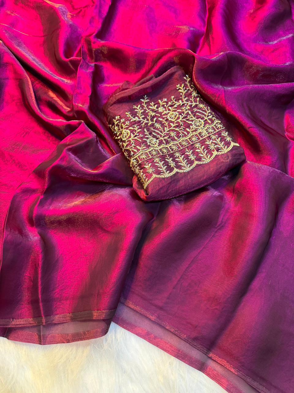 Adorning Party Wear Silk Designer Saree With Beads Heavy Work Blouse Piece