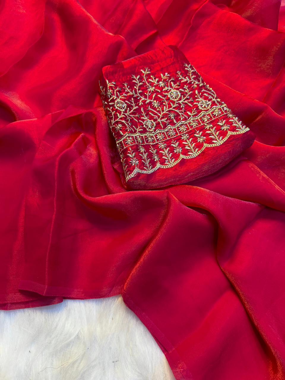 Adorning Party Wear Silk Designer Saree With Beads Heavy Work Blouse Piece