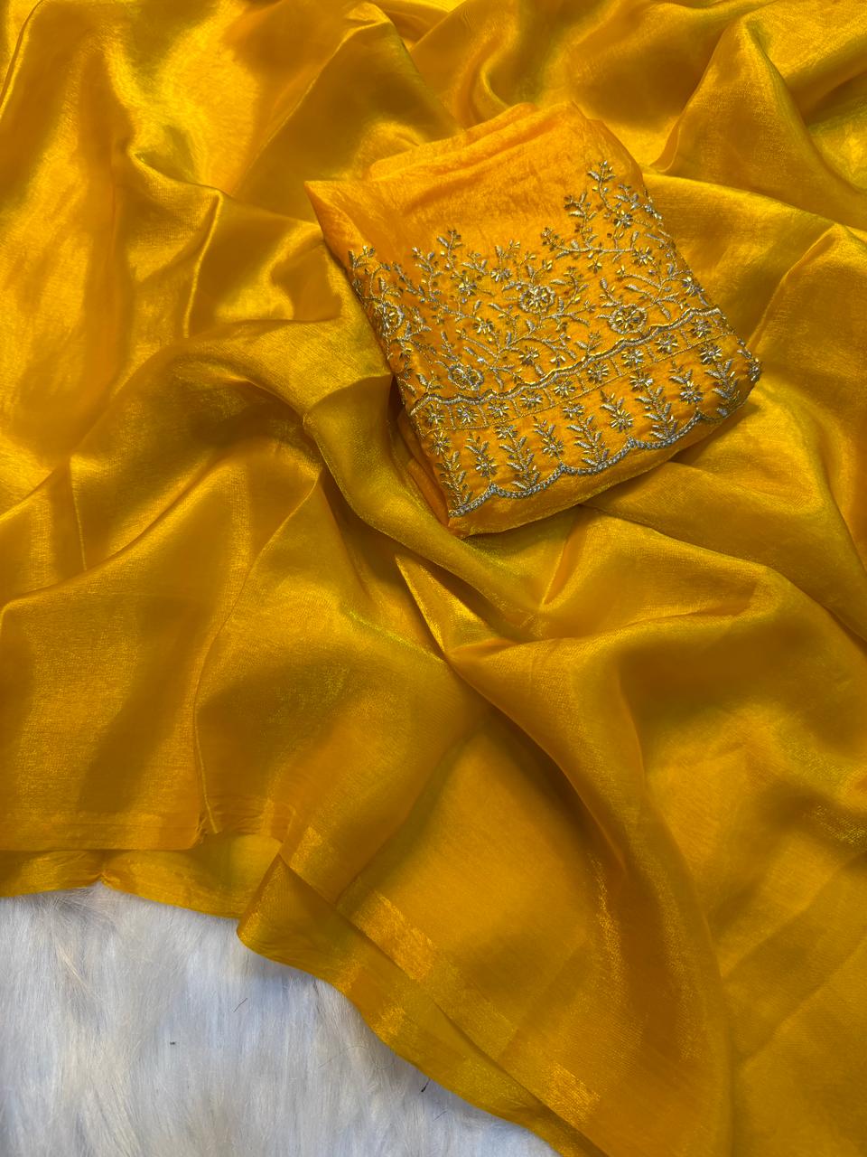 Adorning Party Wear Silk Designer Saree With Beads Heavy Work Blouse Piece