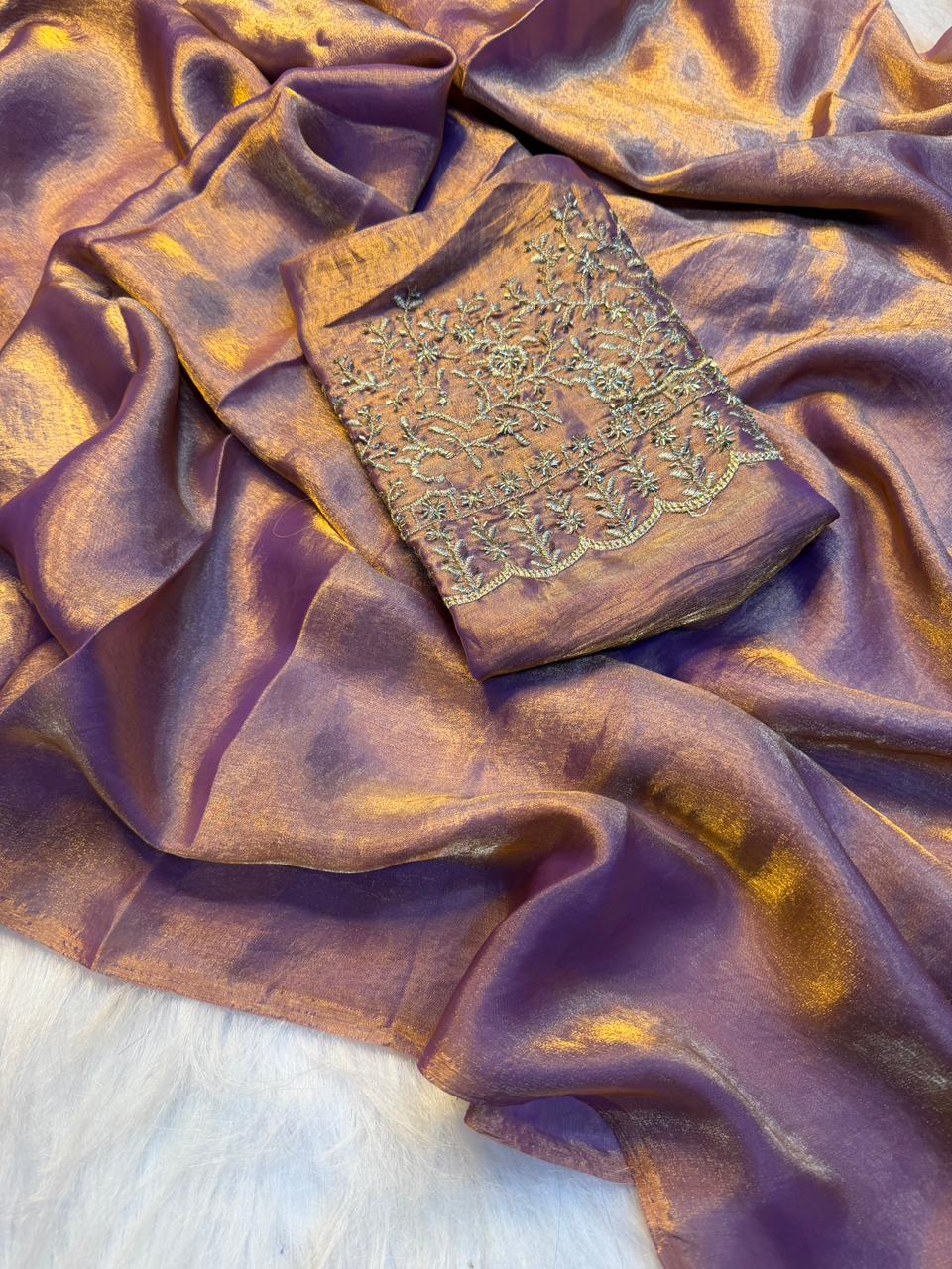 Adorning Party Wear Silk Designer Saree With Beads Heavy Work Blouse Piece