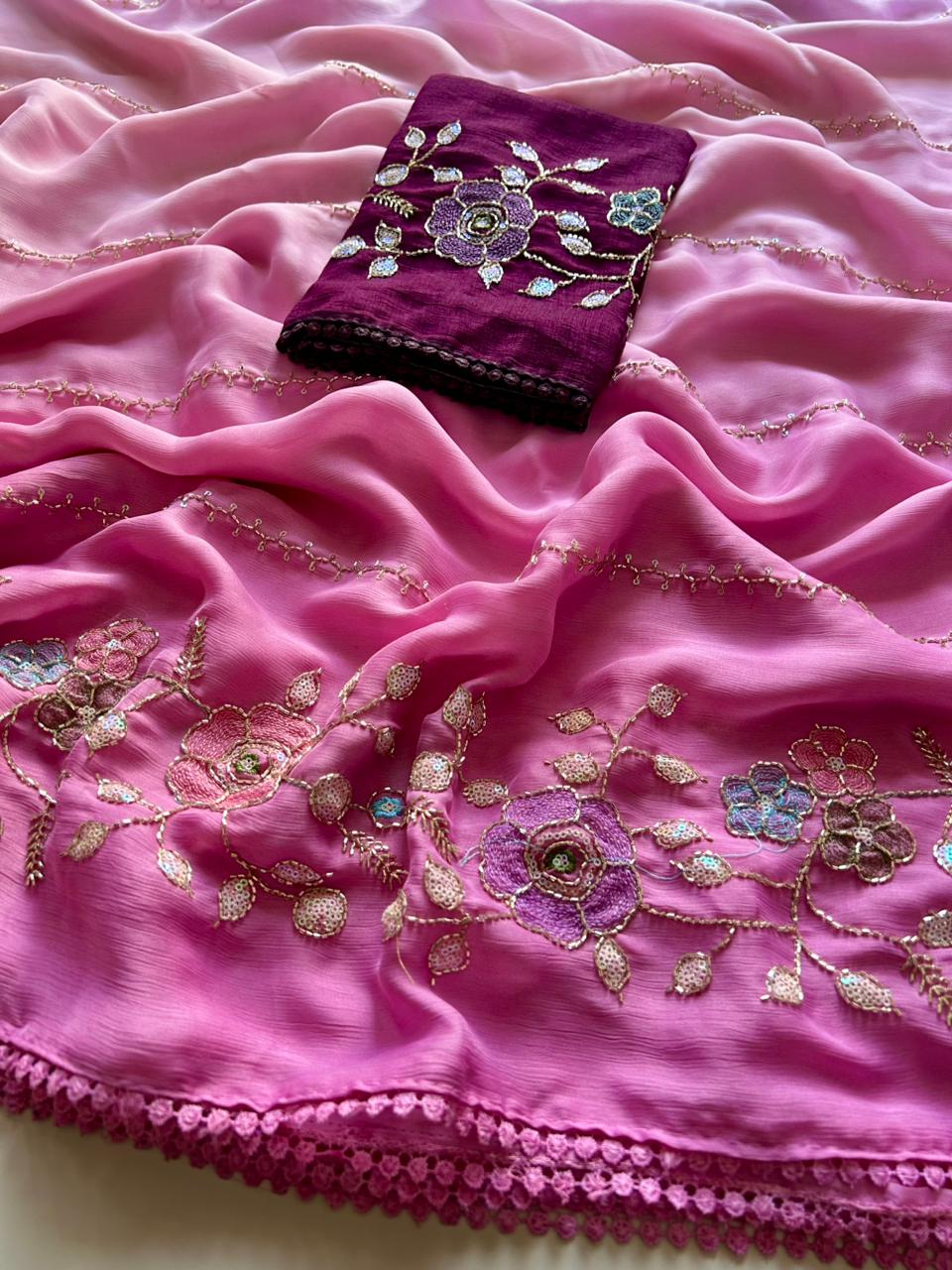 Opulent Party Wear Chiffon Crush Silk Beads Work Designer Saree For Wedding
