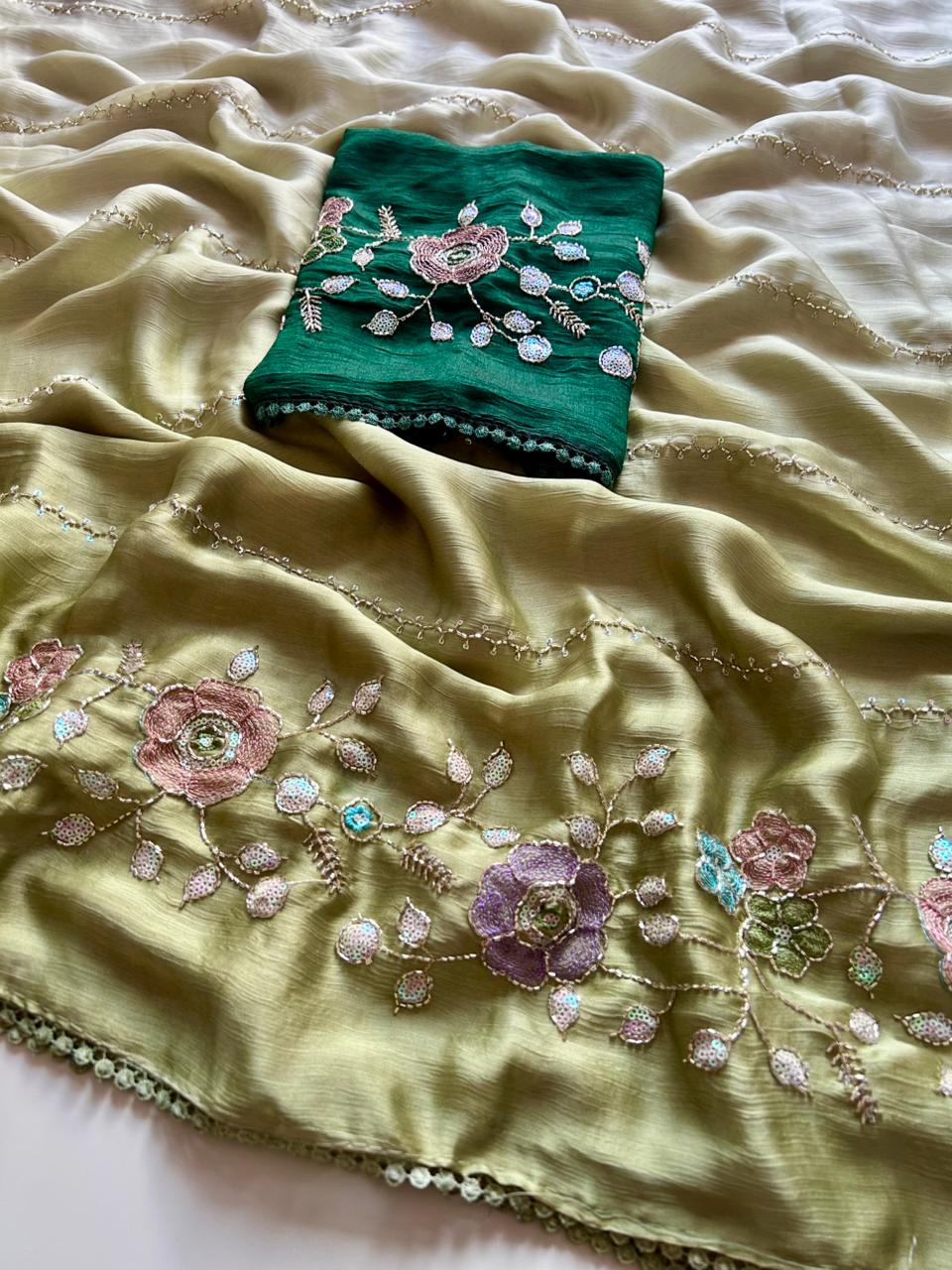 Opulent Party Wear Chiffon Crush Silk Beads Work Designer Saree For Wedding