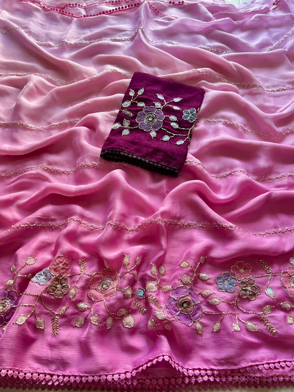 Opulent Party Wear Chiffon Crush Silk Beads Work Designer Saree For Wedding