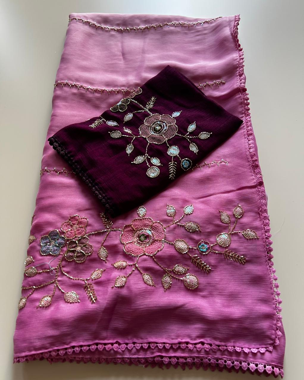 Opulent Party Wear Chiffon Crush Silk Beads Work Designer Saree For Wedding