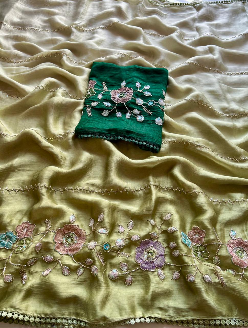 Opulent Party Wear Chiffon Crush Silk Beads Work Designer Saree For Wedding