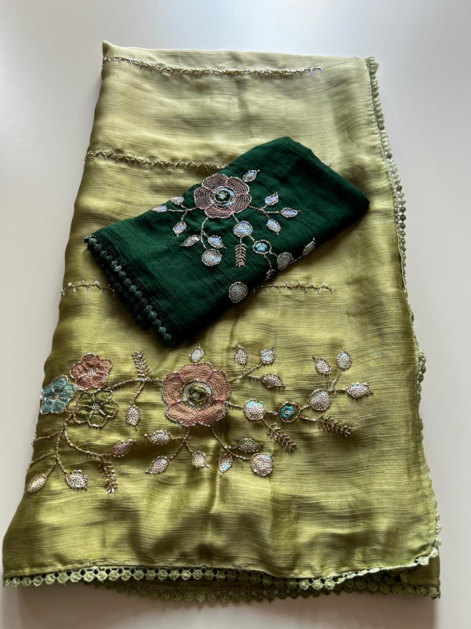 Opulent Party Wear Chiffon Crush Silk Beads Work Designer Saree For Wedding