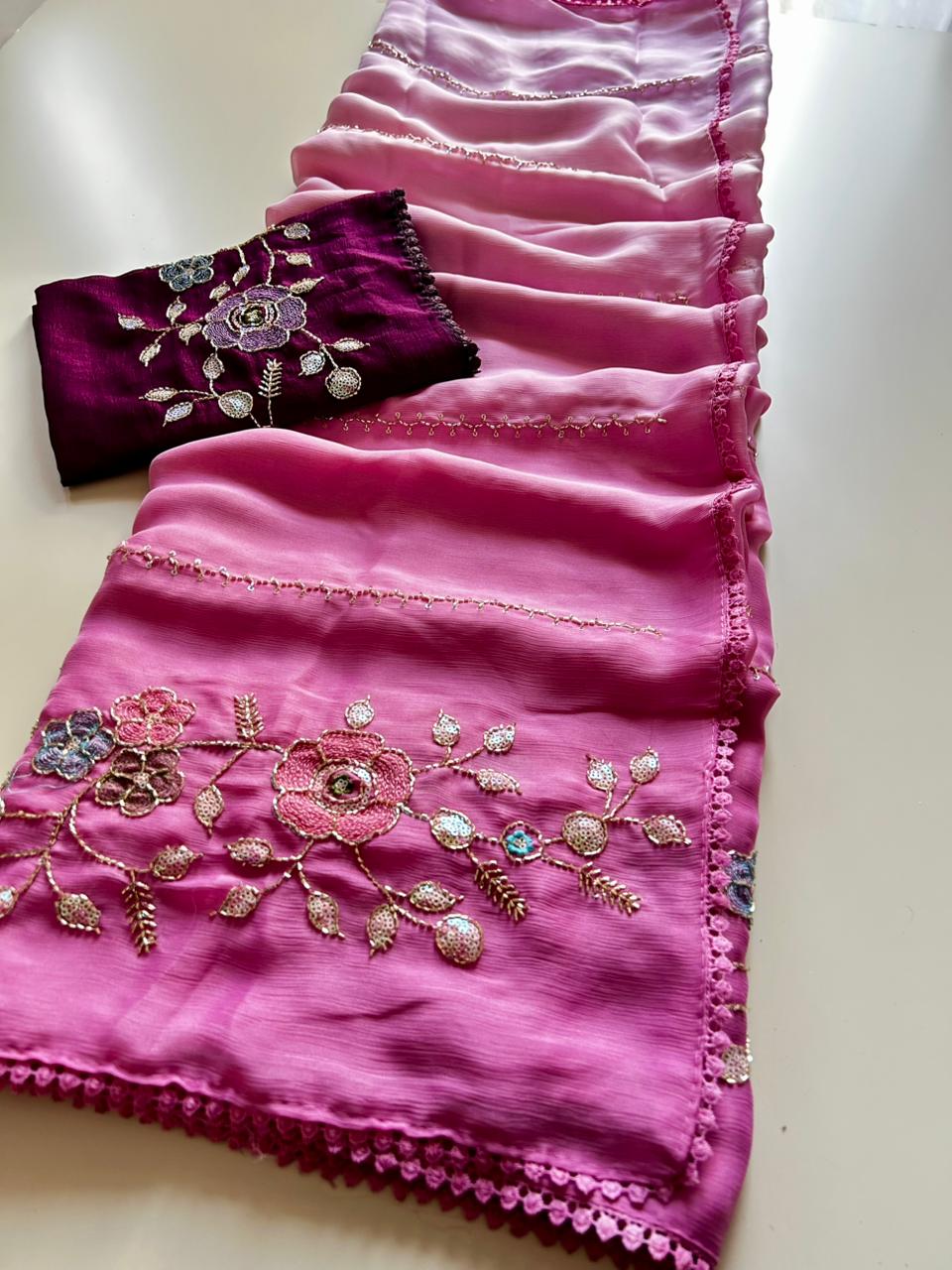 Opulent Party Wear Chiffon Crush Silk Beads Work Designer Saree For Wedding