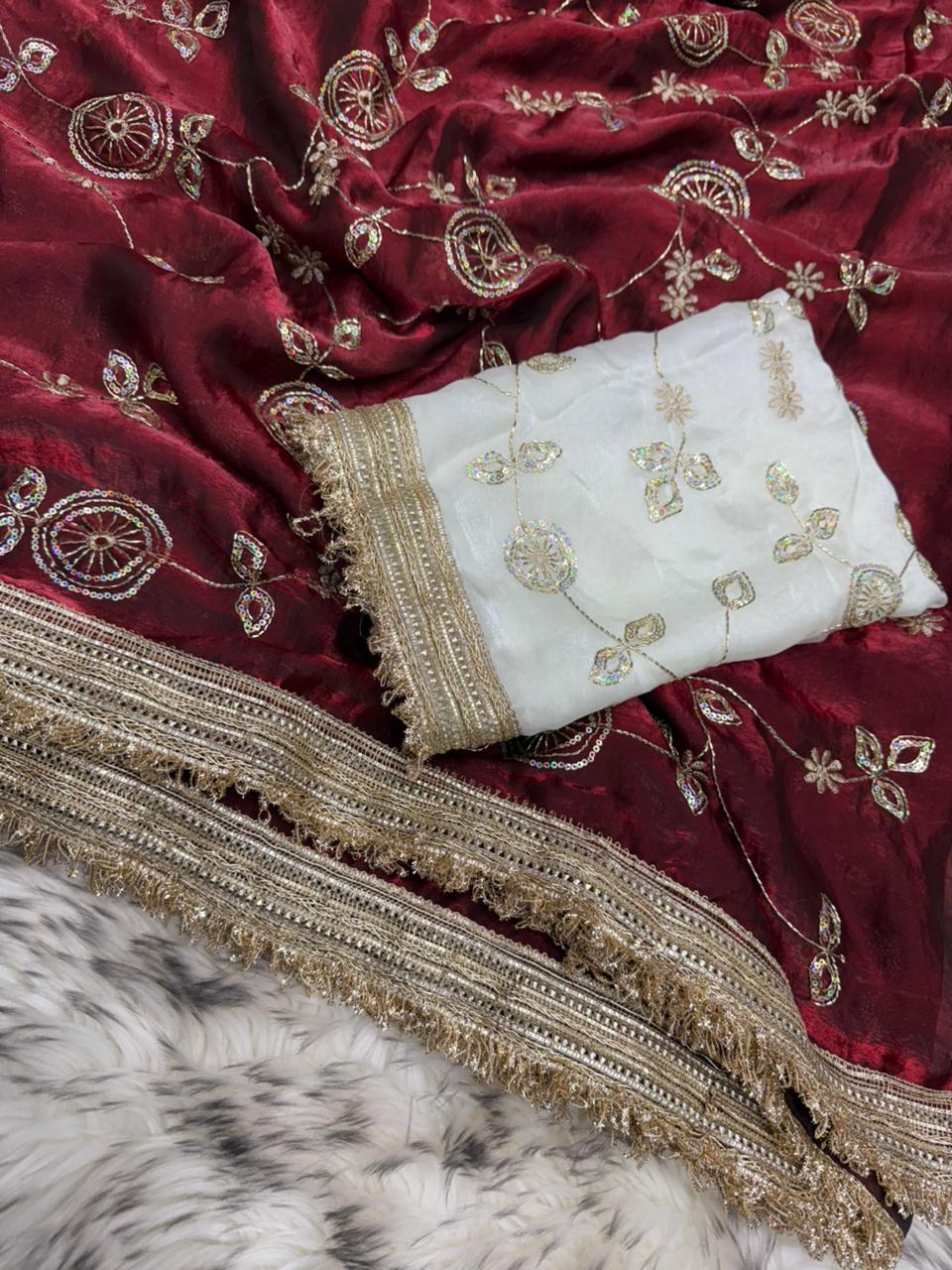 Stunning Festive Wear Soft Sattin Silk Sequence Work Designer Saree With Contrast Blouse Piece