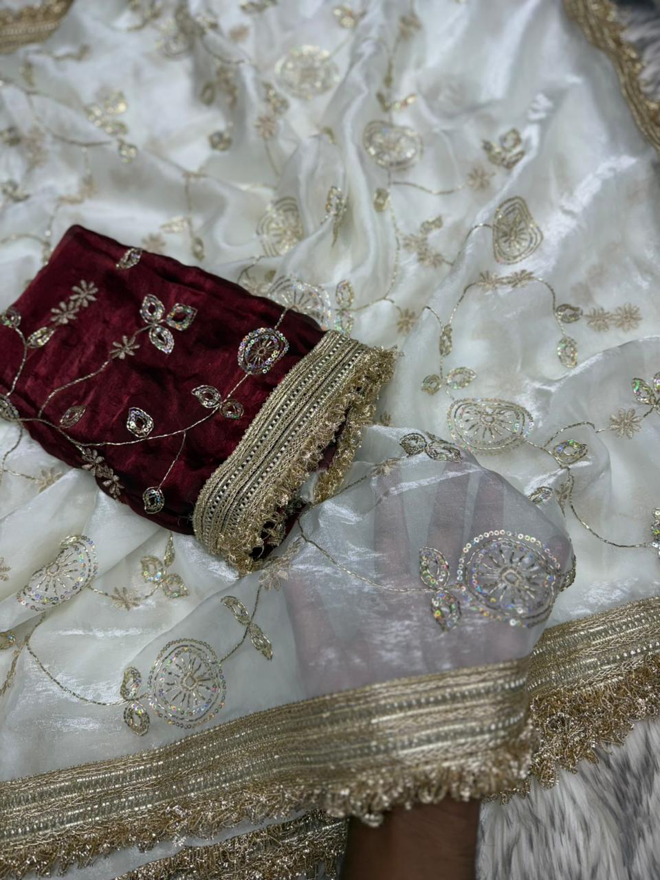 Stunning Festive Wear Soft Sattin Silk Sequence Work Designer Saree With Contrast Blouse Piece