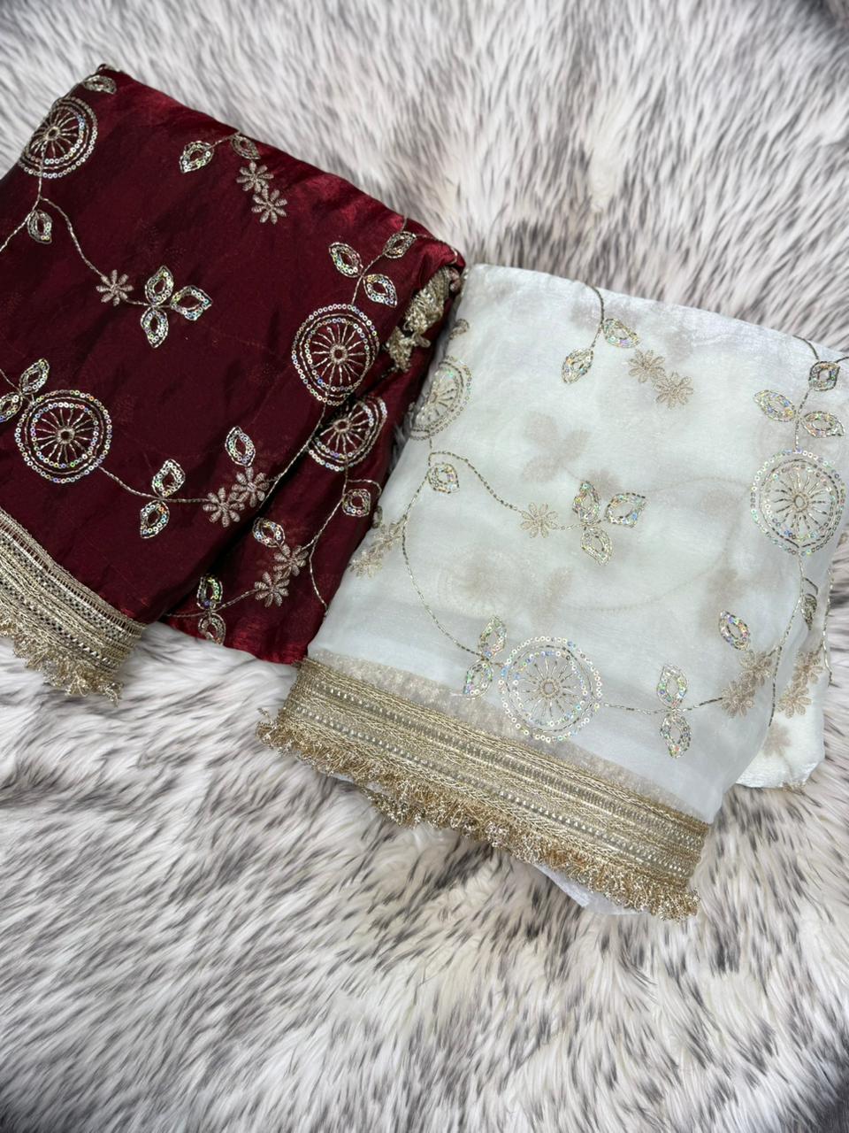 Stunning Festive Wear Soft Sattin Silk Sequence Work Designer Saree With Contrast Blouse Piece