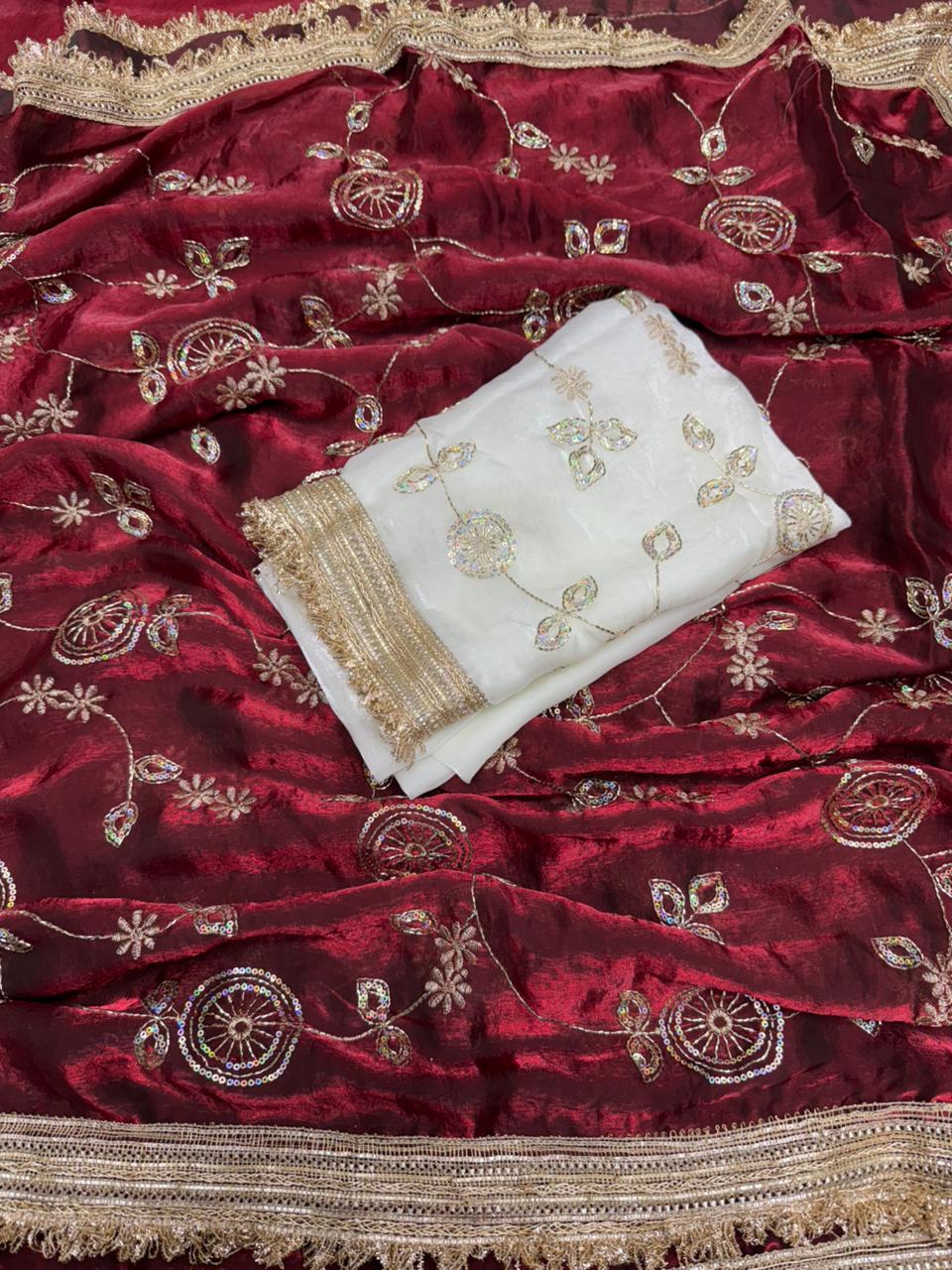 Stunning Festive Wear Soft Sattin Silk Sequence Work Designer Saree With Contrast Blouse Piece