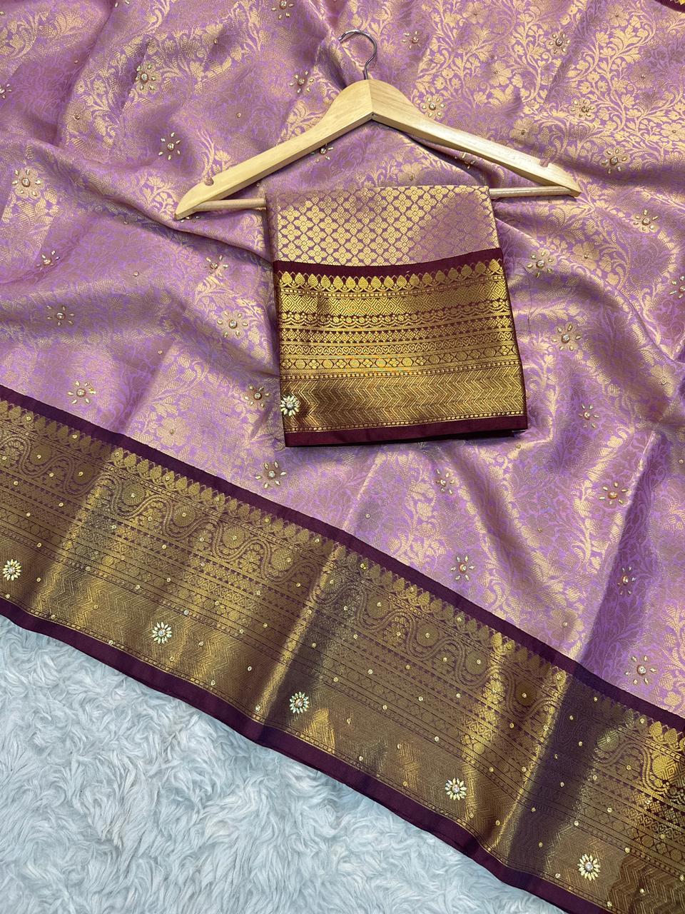 Divine Wedding Wear Banarasi Soft Silk Handstone Work Stunning Pallu n Jacquard Border Saree With Blouse Piece
