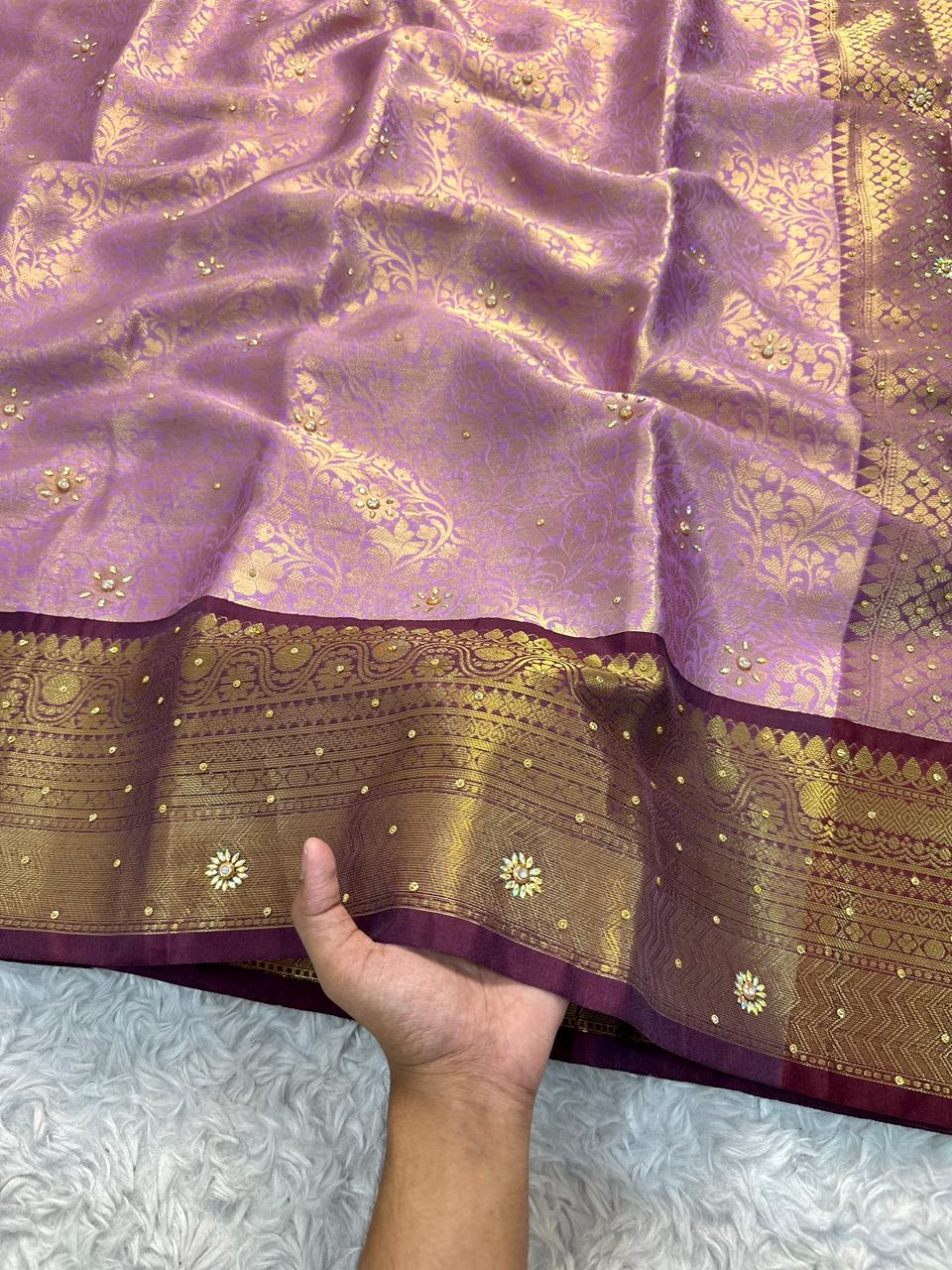 Divine Wedding Wear Banarasi Soft Silk Handstone Work Stunning Pallu n Jacquard Border Saree With Blouse Piece