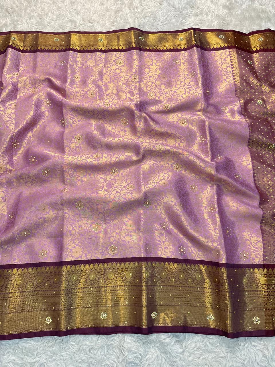 Divine Wedding Wear Banarasi Soft Silk Handstone Work Stunning Pallu n Jacquard Border Saree With Blouse Piece