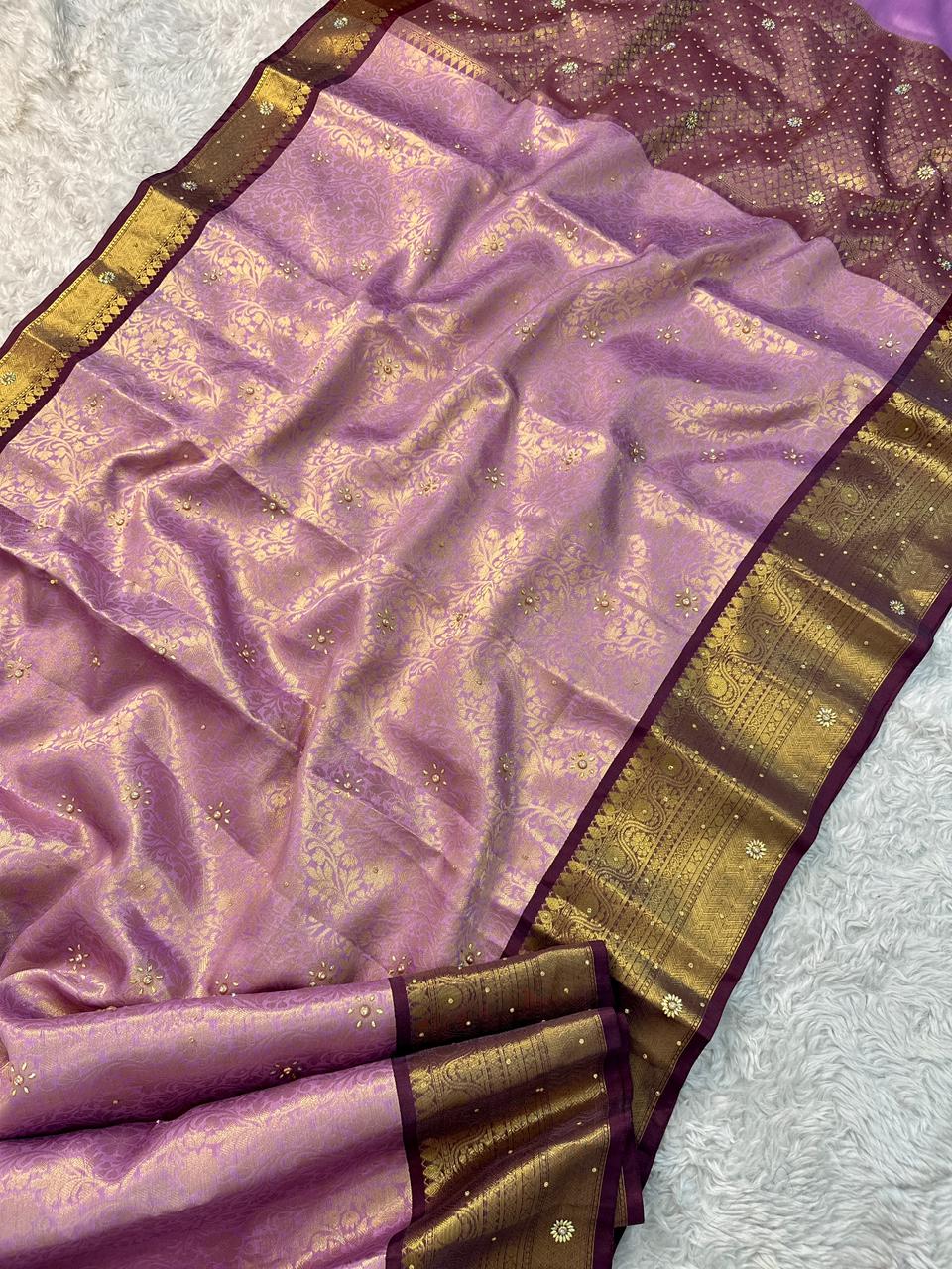 Divine Wedding Wear Banarasi Soft Silk Handstone Work Stunning Pallu n Jacquard Border Saree With Blouse Piece