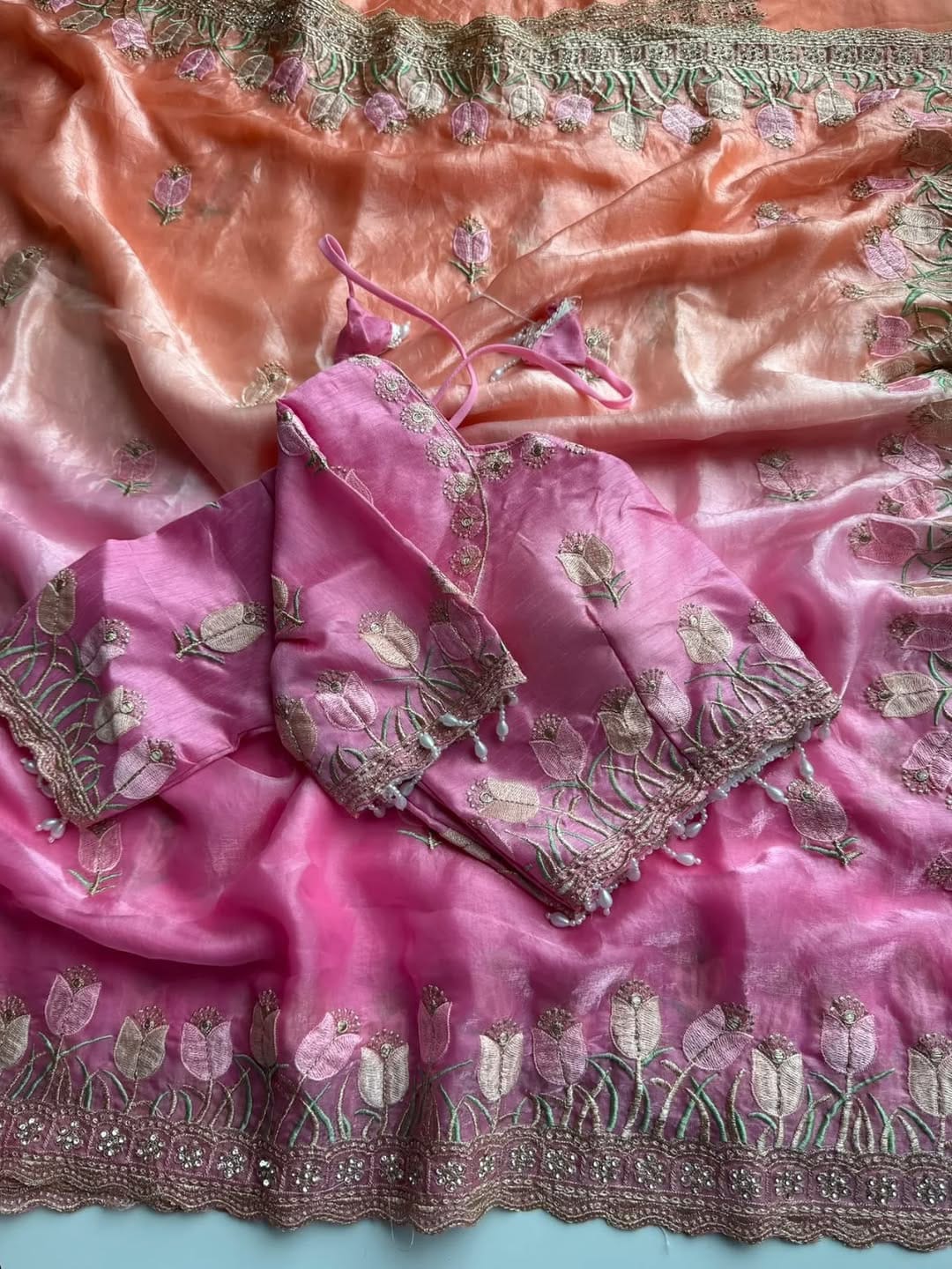 Mellifluous Wedding Wear Pedding Color Soft Silk Embroidery Work Fancy Designer Saree With Stitched Blouse