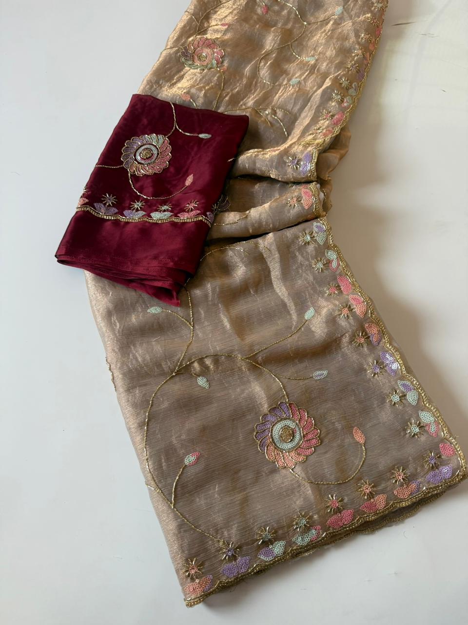 Desirable Party Wear Chiffon Silk Embroidery n Sequence Work Fancy Saree With Blouse Piece