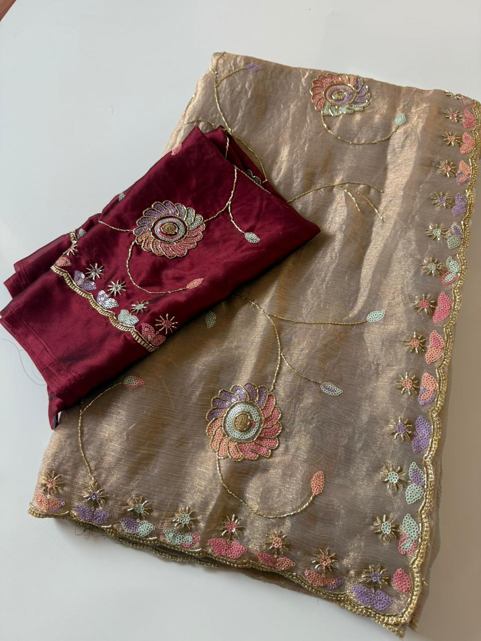 Desirable Party Wear Chiffon Silk Embroidery n Sequence Work Fancy Saree With Blouse Piece