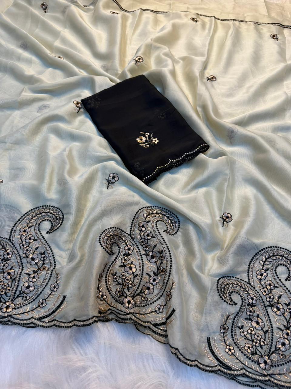 Glorious Party Wear Rangoli Silk Embroidery Work Designer Saree With Contrast Blouse Piece