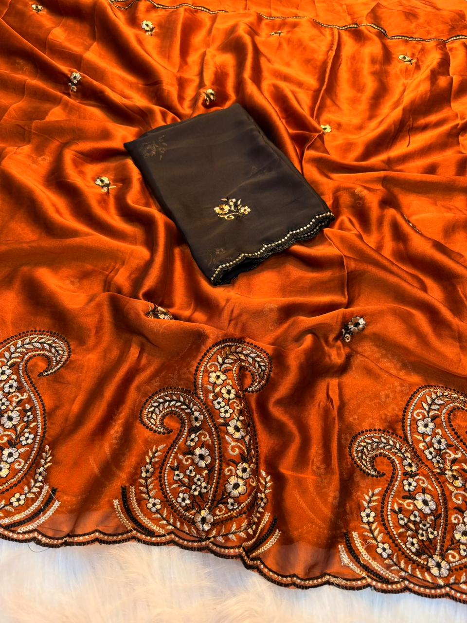 Glorious Party Wear Rangoli Silk Embroidery Work Designer Saree With Contrast Blouse Piece