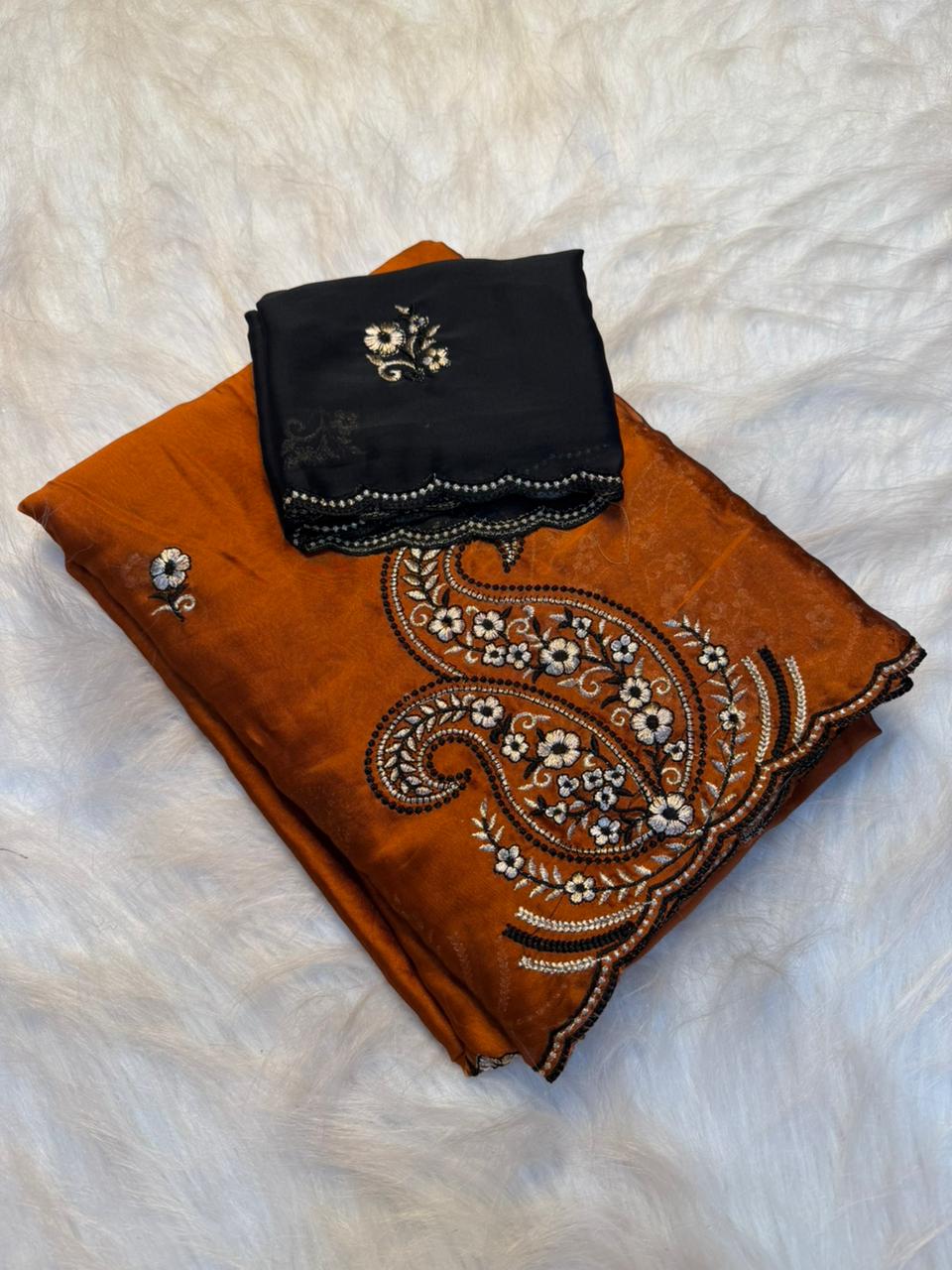 Glorious Party Wear Rangoli Silk Embroidery Work Designer Saree With Contrast Blouse Piece
