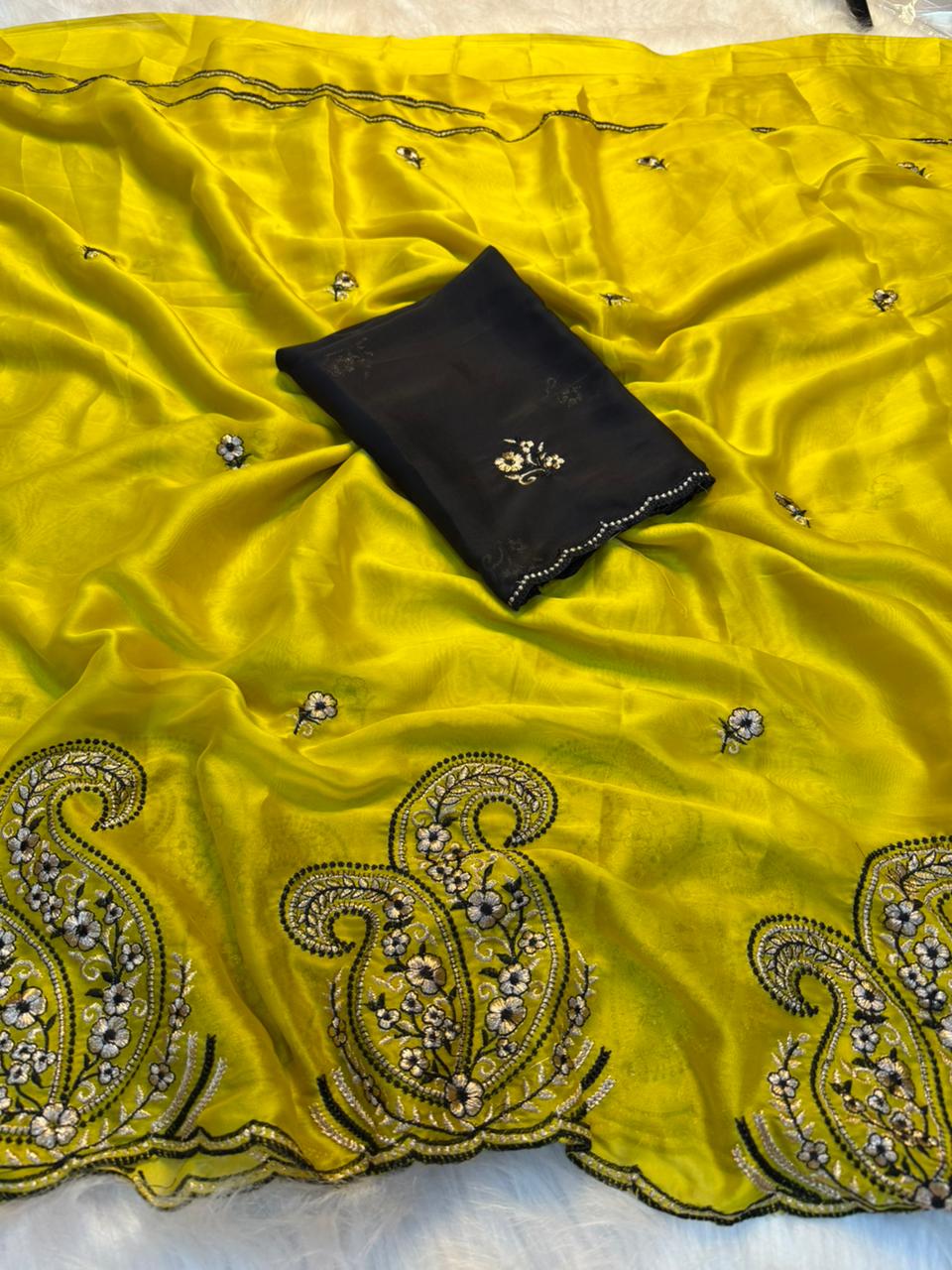 Glorious Party Wear Rangoli Silk Embroidery Work Designer Saree With Contrast Blouse Piece