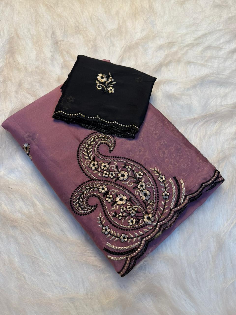 Glorious Party Wear Rangoli Silk Embroidery Work Designer Saree With Contrast Blouse Piece