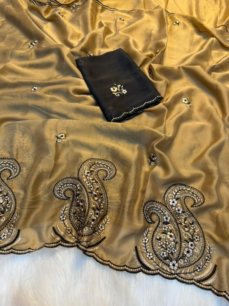 Glorious Party Wear Rangoli Silk Embroidery Work Designer Saree With Contrast Blouse Piece
