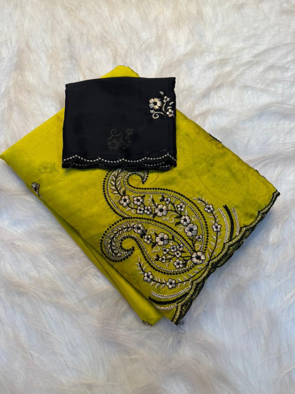 Glorious Party Wear Rangoli Silk Embroidery Work Designer Saree With Contrast Blouse Piece