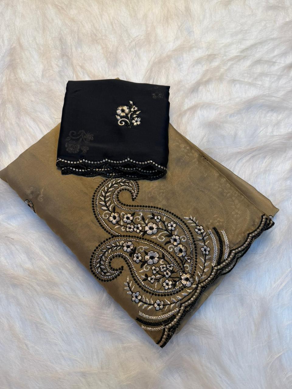 Glorious Party Wear Rangoli Silk Embroidery Work Designer Saree With Contrast Blouse Piece