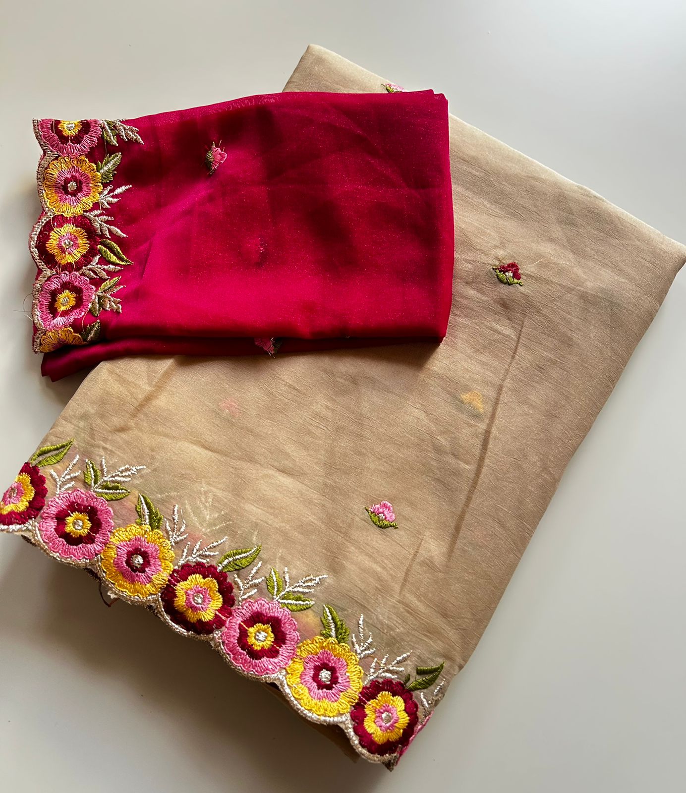 Traditional Party Wear Georgette Embroidery Work Flower Design Saree With Contrast Blouse Piece