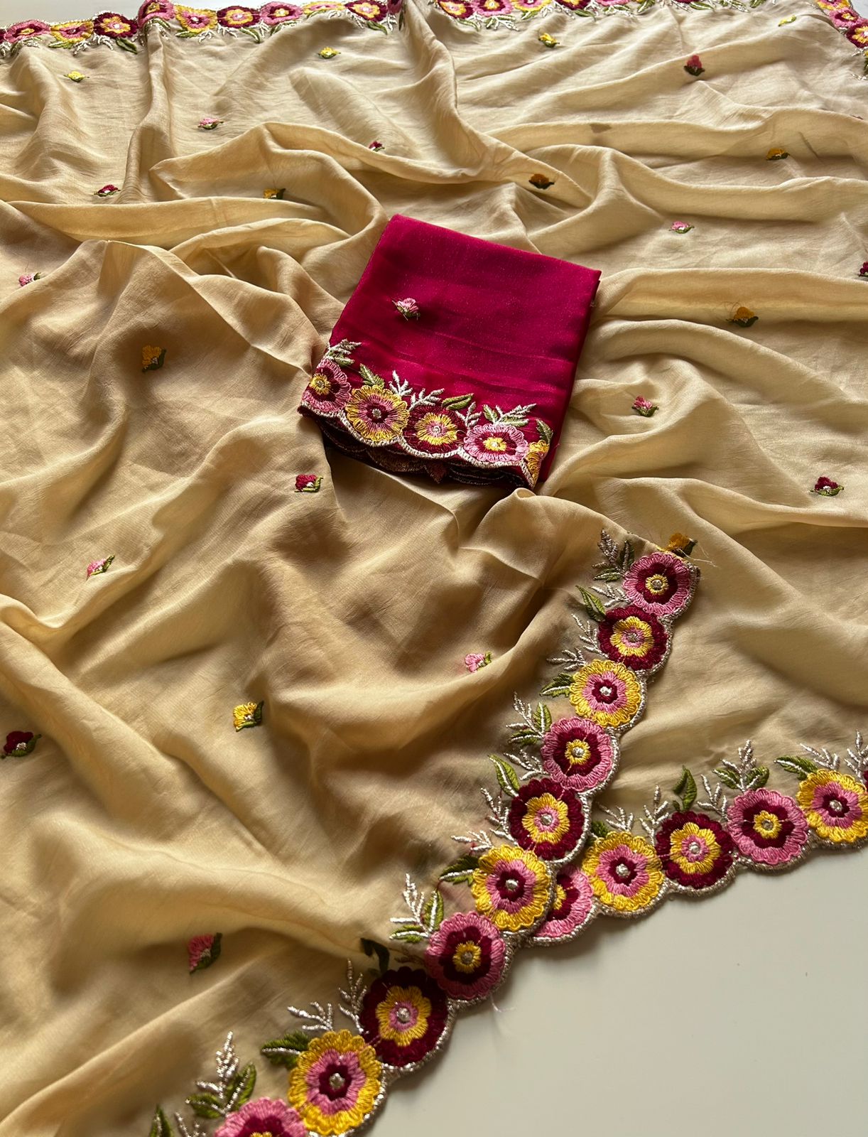 Traditional Party Wear Georgette Embroidery Work Flower Design Saree With Contrast Blouse Piece